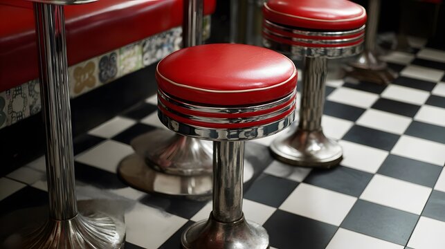 33. Cozy corner of a vintage diner, red cushioned stools, classic checkered floor pattern