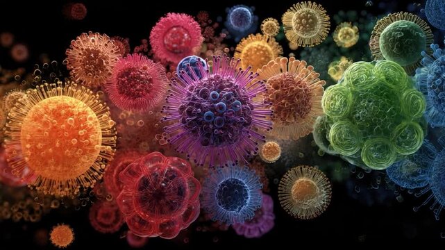 Microscopic World: A vibrant, abstract illustration reveals a diverse collection of colorful microorganisms, showcasing the intricate beauty and complexity of the microscopic realm.
