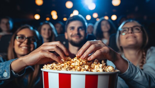 Friends enjoy popcorn while watching a movie at the cinema, for entertainment, leisure and cinema experience