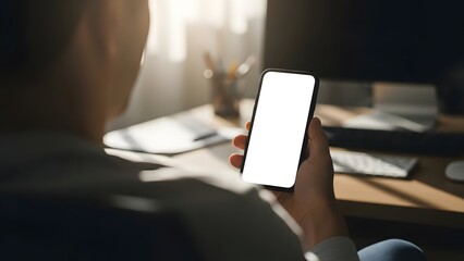Man Holding Smartphone with Blank Screen in Office