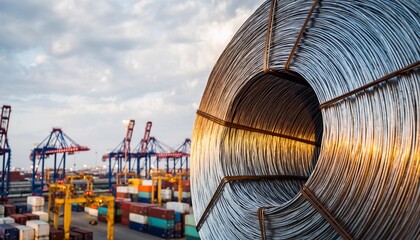 Massive steel wire coils reflecting sunlight at a busy industrial shipping port, highlighting global trade and infrastructure, for import, export and manufacturing