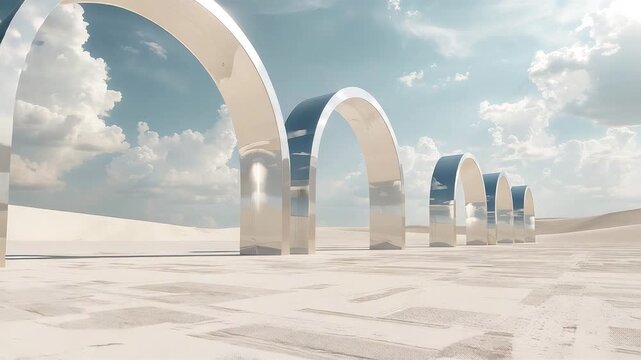 Minimal futuristic architecture with white arches reflecting sky and clouds in open plaza