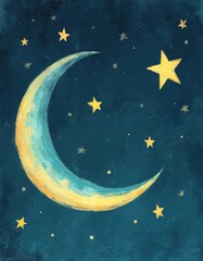 Naklejka premium Crescent moon and yellow stars in dark blue night sky. Whimsical illustration for kids bedtime story or nursery decor. Dreamy celestial background with soft textured brush strokes.