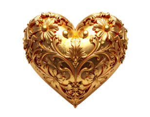 3D golden heart with intricate floral filigree engraving,white background