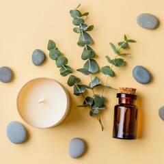 Serene spa setup with candle, eucalyptus, and essential oil