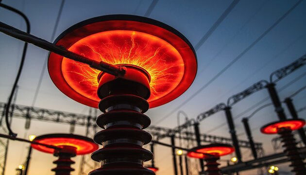 Vibrant red electrical insulators burning brightly at dusk, showcasing modern power distribution, for energy, technology and engineering