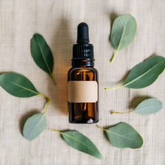 Elegant amber glass dropper bottle with green leaves on fabric background