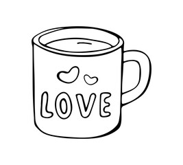 Hand Drawn Love Coffee Mug With Hearts and Text in Minimal Line Style