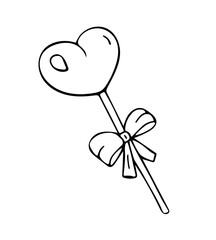 Cute Hand Drawn Heart Lollipop With Bow in Simple Outline Style