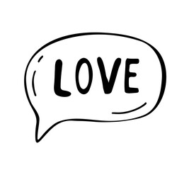 Love word in speech bubble hand drawn icon