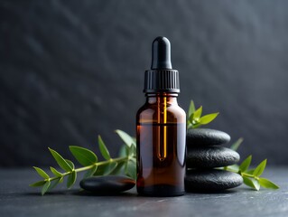 Dark amber glass dropper bottle with black stones and green leaves