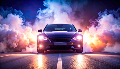 Naklejka premium Sleek Performance Vehicle Amidst a Dynamic Swirl of Vibrant Hues and Powerful Light, Embodying High-Octane Excitement