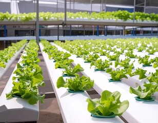 Rows of leafy green plants grow in a hydroponic farm setting with multiple levels under a translucent roof