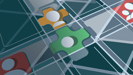 Flat vector design showing a puzzle style network of interconnected pieces in green orange red and brown on a dark background with white lines