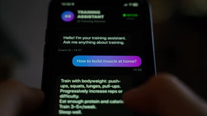 User asks AI workout assistant for advice, close-up