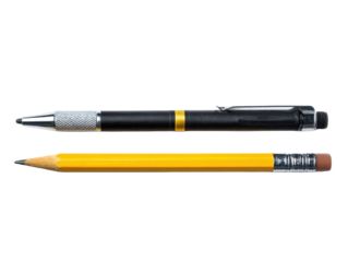 A pen and pencil arranged on a white background.