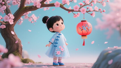 3D Rendered Cute Cartoon Girl in Light Blue Hanfu with Cherry Blossom Patterns Holding a Red Lantern, Festive and Charming Illustration for Spring or Lunar New Year