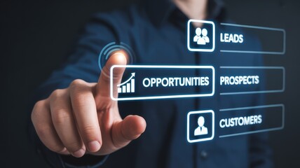 Business professional presses glowing virtual button for opportunities on a digital interface showing growth leads prospects customers in modern tech 