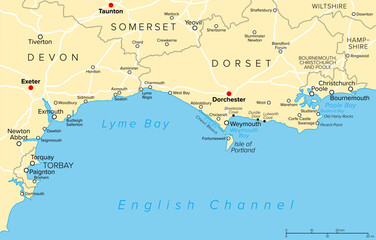 Jurassic Coast of England, United Kingdom, political map. Also Dorset and East Devon Coast, a site on the English Channel coast of southern England, stretching from Exmouth to Studland Bay. Vector