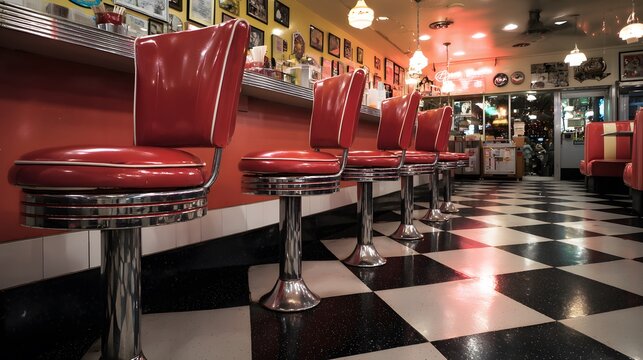 43. Red stools and checkerboard flooring in a nostalgic 1950s-themed diner, no signage
