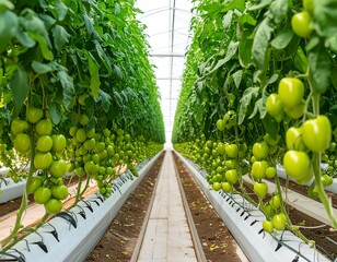 Rows of tomato plants with unripe fruit thriving inside a bright, clean, and modern greenhouse with soil and irrigation