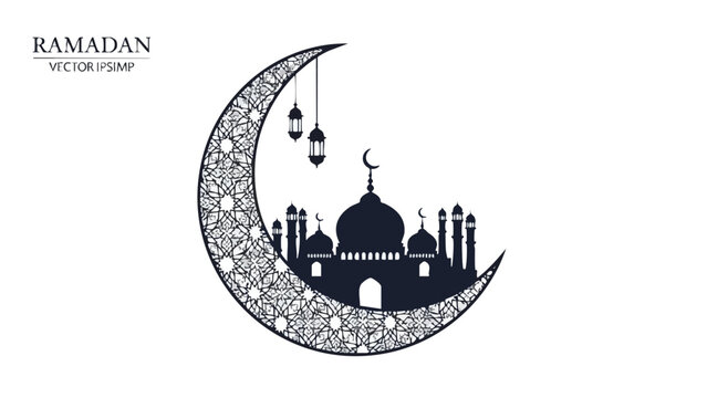 Vector illustration of a mosque silhouette on a crescent moon with lanterns, set against a Ramadan Kareem background.