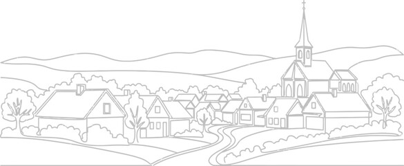 Fototapeta premium Vintage black and white vector sketch of an old castle house on a hill in a forest mountain landscape featuring architectural exterior art design