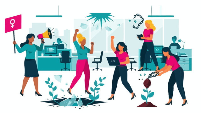 Empowered women breaking barriers and fostering growth in the workplace, vector illustration.