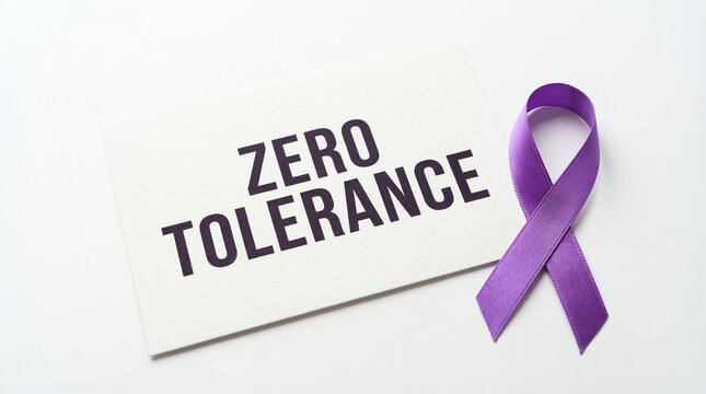 Zero Tolerance Text on Card with Purple Ribbon for FGM Awareness.