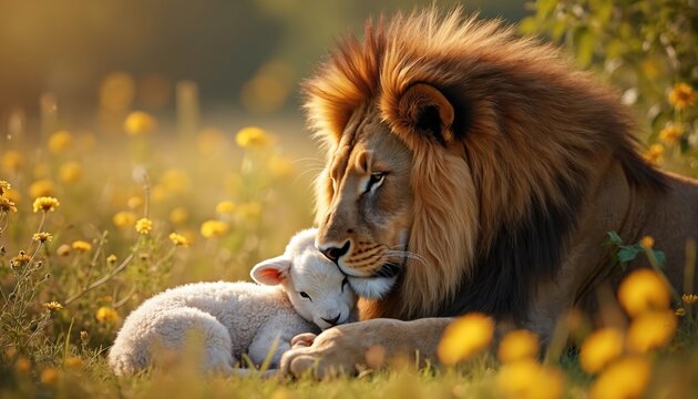 Lion and lamb cuddle peacefully in a sunlit meadow. They rest among yellow wildflowers, showing harmony and gentle care. This scene symbolizes peace and unlikely friendship.