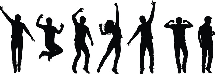 Energetic group of dancing people silhouettes jumping in celebration expressing joy freedom movement on white background for creative design