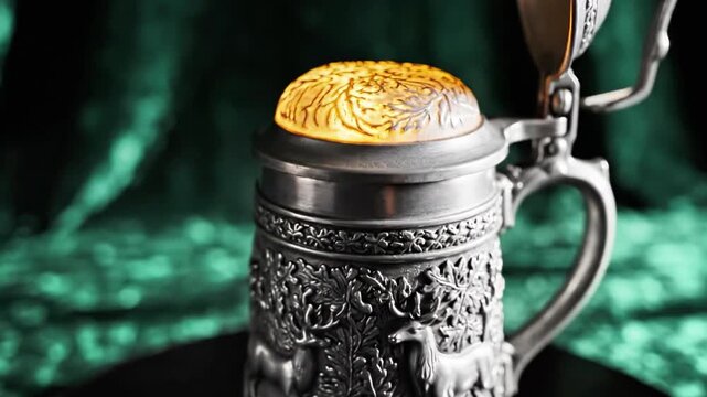 A close-up of an ornate metal stein with a golden lid