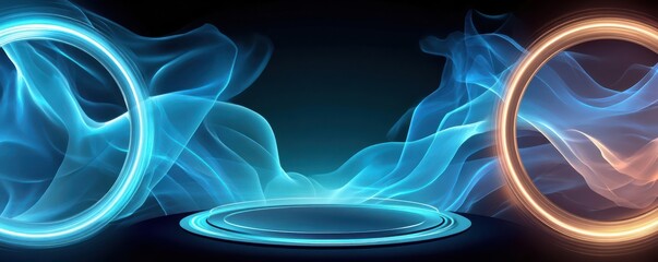 Blue glowing energy rings on black background create futuristic sci-fi portal and energy fields visual