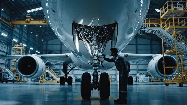 Precision Inspection: A skilled aviation technician meticulously examines the underbelly of a commercial airliner within a spacious hangar, embodying expertise and reliability.