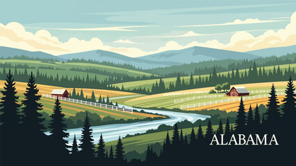 Flat vector illustration of Alabama landscape with rolling green hills, pine forests, winding river, and rural countryside atmosphere, clean outlines and solid colors for travel and nature themes © meeblues