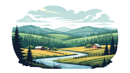 Flat vector illustration of Alabama landscape with rolling green hills, pine forests, winding river, and rural countryside atmosphere, clean outlines and solid colors for travel and nature themes © meeblues