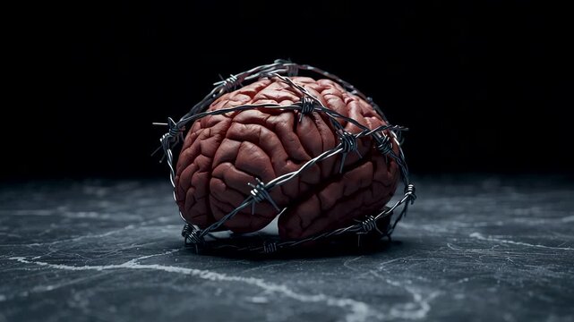 Human brain wrapped in metal wire resting on dark stone surface under dramatic studio lighting
