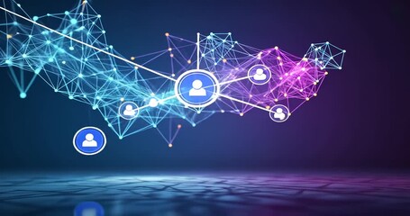 Abstract digital network connection with user icons, glowing lines, and a vibrant background - Powered by Adobe