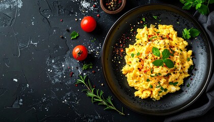 Overhead view of scrambled eggs on a black plate with herbs and spices on a dark surface with tomatoes.