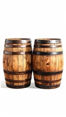 Obraz premium Two wooden barrels with metal rings. Against white backdrop