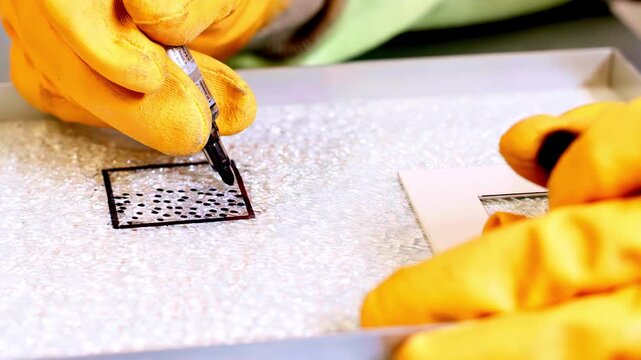 Worker marking a stencil on glass beads in a creative process