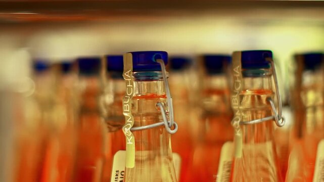 Pressure sealed kombucha bottles aligned in rows with shallow focus and warm indoor light