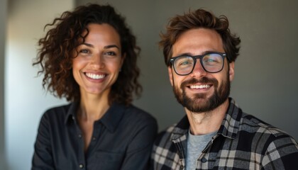 Diverse man, woman smiling friendly in minimalist indoor studio. Wear casual attire, showing teamwork, partnership. People look happy, engaged in positive interaction, representing business community.