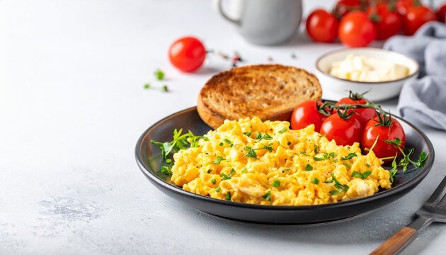 A plate of scrambled eggs with herbs and toasted bread on a table with cherry tomatoes and a bowl of sauce.