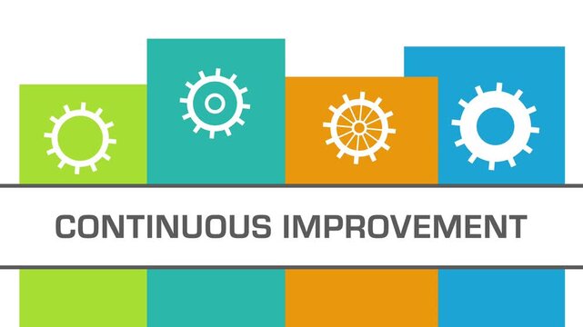 Continuous Improvement Gears Colorful Vertical Boxes Moving Rotating Text 