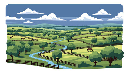 Flat vector illustration of Kentucky landscape with rolling green hills, horse pastures, wooden fences, and winding streams, countryside charm in solid flat vector style © meeblues