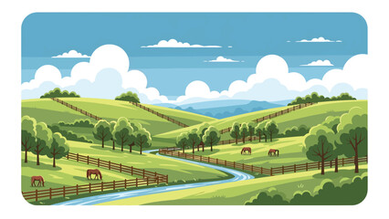Flat vector illustration of Kentucky landscape with rolling green hills, horse pastures, wooden fences, and winding streams, countryside charm in solid flat vector style © meeblues