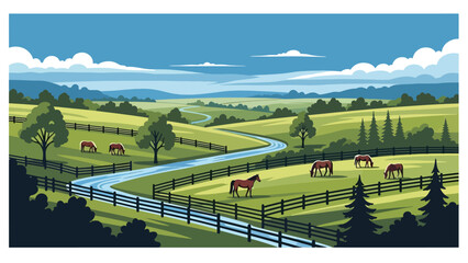 Flat vector illustration of Kentucky landscape with rolling green hills, horse pastures, wooden fences, and winding streams, countryside charm in solid flat vector style © meeblues