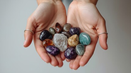 Hands holding assorted crystals