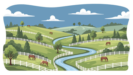 Flat vector illustration of Kentucky landscape with rolling green hills, horse pastures, wooden fences, and winding streams, countryside charm in solid flat vector style © meeblues